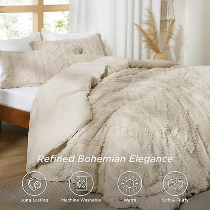 Bedsure Tufted Boho Comforter Set Full Size - Beige Boho Bed Set, GentleSoft™ 3 Pieces Farmhouse Shabby Chic Embroidery Bedding, Gifts for Woman, Soft Jacquard Full Comforter for All Seasons