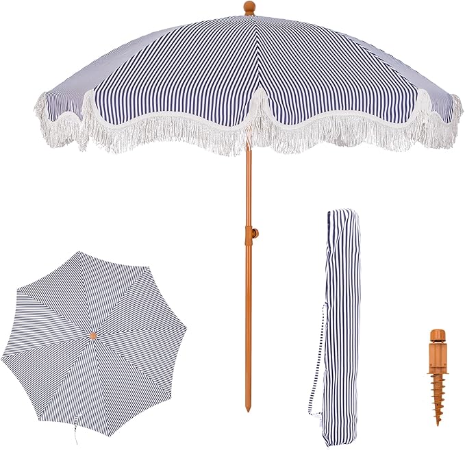 PHI VILLA 7ft Beach Umbrella with Fringe & Sand Anchor, Outdoor Patio Heavy Duty Windproof Portable Tassel Umbrellas for Sand with Push Button Tilt & Carrying Bag, UPF 50+, Stripe Blue & White