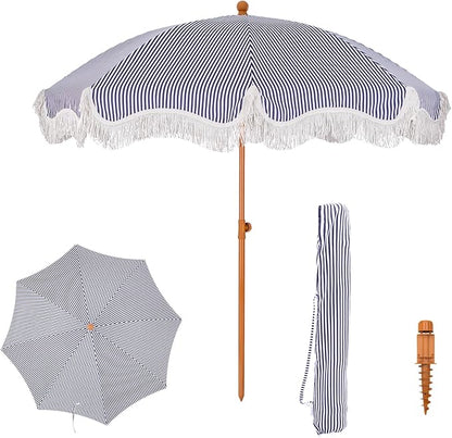 PHI VILLA 7ft Beach Umbrella with Fringe & Sand Anchor, Outdoor Patio Heavy Duty Windproof Portable Tassel Umbrellas for Sand with Push Button Tilt & Carrying Bag, UPF 50+, Stripe Blue & White