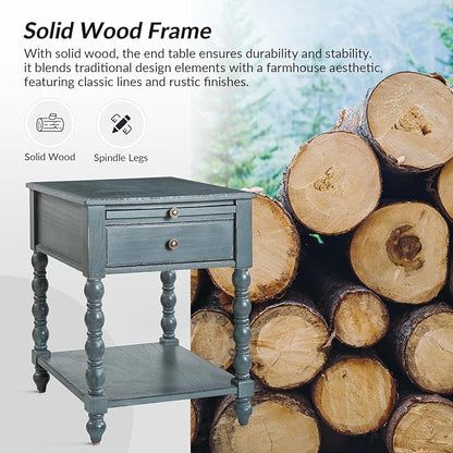 HULALA HOME Spindle Nightstands with Charging Station, Solid Wood Nightstand with Drawer Shelf, Side Table with Pull-Out Shelf (Blue)