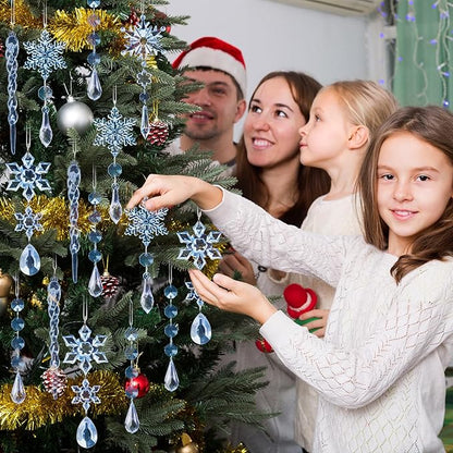 18pcs Crystal Christmas Ornaments for Christmas Tree Decorations-Blue Hanging Acrylic Snowflake and Icicle Ornaments with Drop Pendants for New Year Party Decorations Supplies