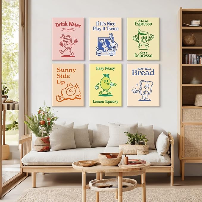 Retro Trendy Wall Art Decor Kitchen Aesthetic Canvas Wall Art Vintage Cute Pictures Funny Posters Retro Pink Prints Vintage Gallery Painting Funky Artwork for Room 12x16 Inch Set of 6 Ready to Hang