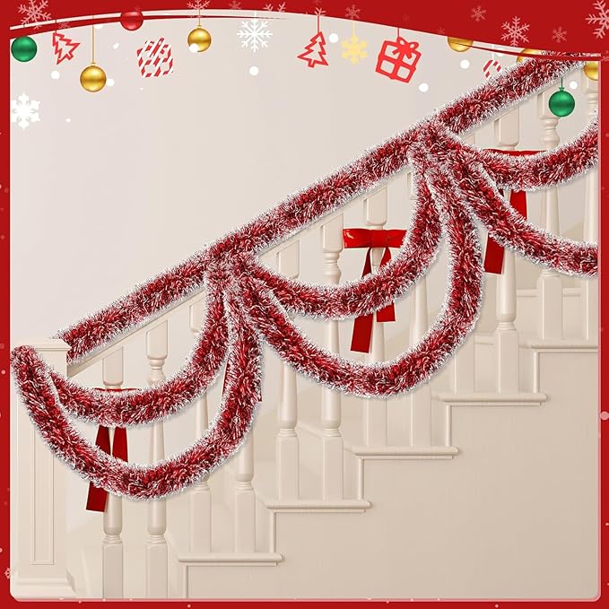 Lush Christmas Tinsel Garland, Red & White Radiant Metallic Twist Streamers for Holiday Decor, Plush & Full Xmas Tree Garland for an Elegant Festive Atmosphere, Indoor & Outdoor Party Supplies