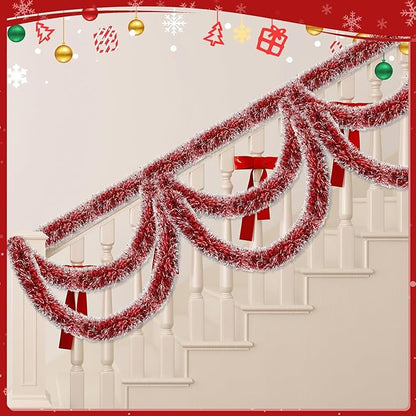 Lush Christmas Tinsel Garland, Red & White Radiant Metallic Twist Streamers for Holiday Decor, Plush & Full Xmas Tree Garland for an Elegant Festive Atmosphere, Indoor & Outdoor Party Supplies