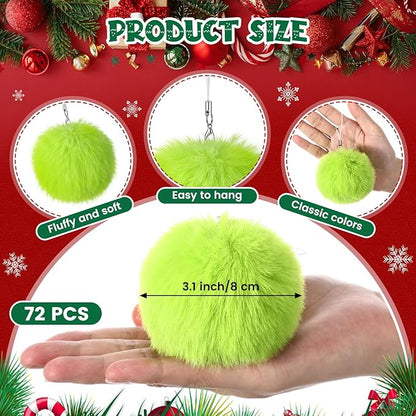 Nuenen 72 Pcs 3.15 Inch Lime Green Furry Christmas Ball Ornaments Christmas Pom Poms Ornaments Faux Rabbit Fur Balls Bulk with Elastic Band for Xmas Tree Decorations DIY Craft Hat Keychain (Green)