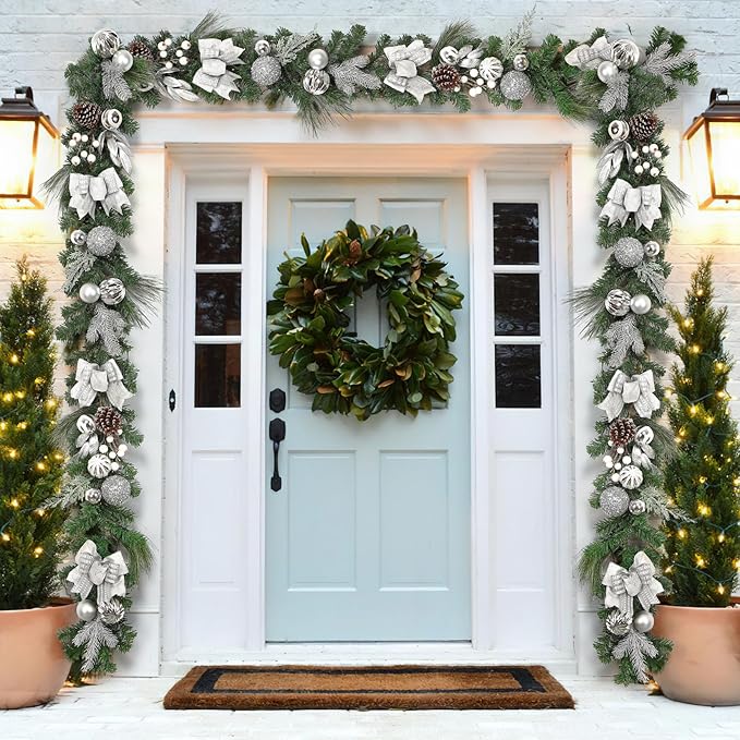 6FT Pre-Lit Christmas Garland with 20 LED Lights, Artificial Silver Garland with Pinecones, Berries, Silver Ornaments, Glitter Ribbons & Leaves, Battery Operated, for Mantle, Fireplace, Staircase,