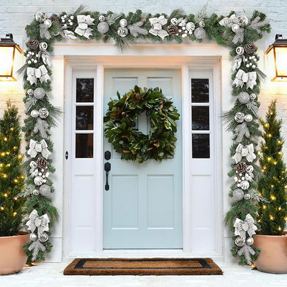 6FT Pre-Lit Christmas Garland with 20 LED Lights, Artificial Silver Garland with Pinecones, Berries, Silver Ornaments, Glitter Ribbons & Leaves, Battery Operated, for Mantle, Fireplace, Staircase,