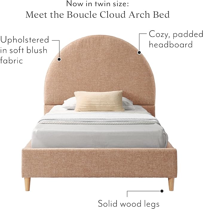 DG Casa Quinn Twin Upholstered Platform Bed Frame, Arch-Shaped Headboard, Solid Natural Wood Legs, Timeless Modern Design, Curved Headboard, Wooden Slat Support System, Blush