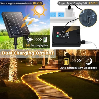 98FT Waterproof 300LEDs Solar Rope Lights, Type C Charging, Remote-Controlled, for Outdoor Pathway Pool Patio Party Garden Yard Palm Tree Holidays (Brighter - Warm White)