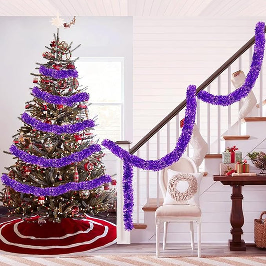 33FT Purple Tinsel Christmas Garland Metallic Twist Shiny Garland for Christmas Tree Decorations, Xmas Holiday Hanging Garland for Home Indoor Outdoor Party Supplies Holiday Decor