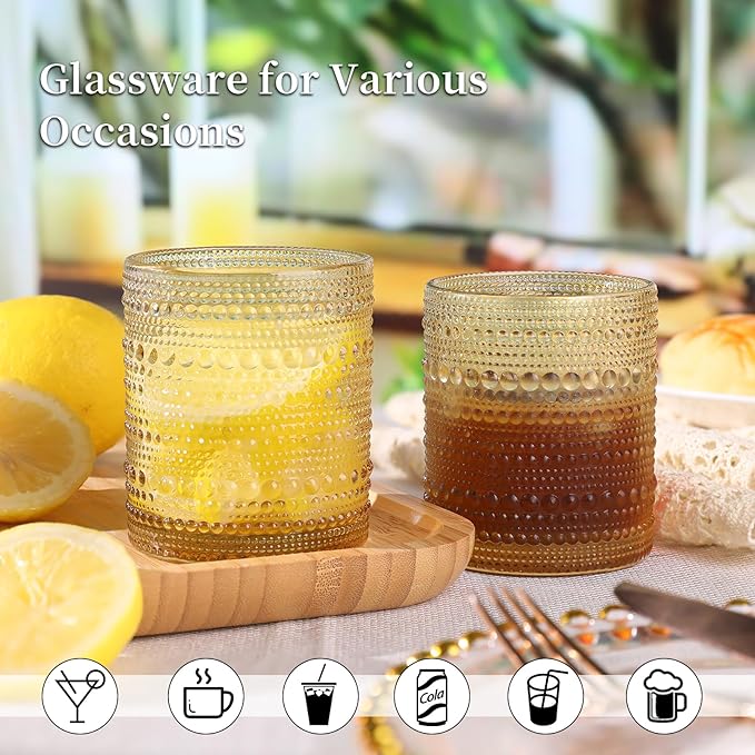Amber Drinking Glasses Set of 4, 10 oz Hobnail Drinking Glasses - Amber Vintage Glassware for Beer, Cocktail, Soda, Juice, Coffee and Various Mixed Drinks