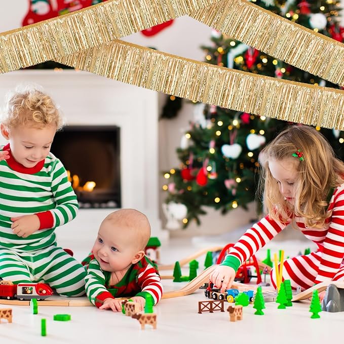 12 Pack 10 Feet Metallic Foil Fringe Garland Tinsel Streamers Banner, Champagne Gold Wall Hanging Tinsel Fringe Banners for Parade Floats, Wedding, Birthday, Christmas, New Year Party Decorations