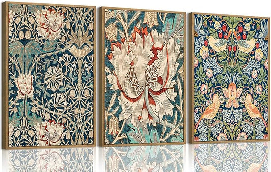 ILLBDR Framed Wall Art William Morris Botanical Flower Canvas Wall Art Set of 3, William Morris Print Abstract Floral Artwork Farmhouse Rustic Decor for Living Room Bedroom 12x16 Inch
