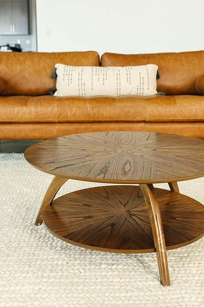 Martin Svensson Home Round Wood Retro Mid-Century Modern Round Wood Coffee Table with Lower Shelf, Cocktail Table for Living Room or Den. Nutmeg Brown.