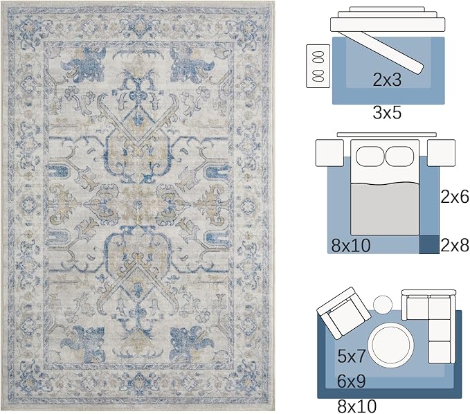jinchan Vintage Floral Washable Area Rug 6x9 Non-Slip Low Pile Carpet, Blue