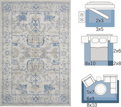 jinchan Vintage Floral Washable Area Rug 6x9 Non-Slip Low Pile Carpet, Blue