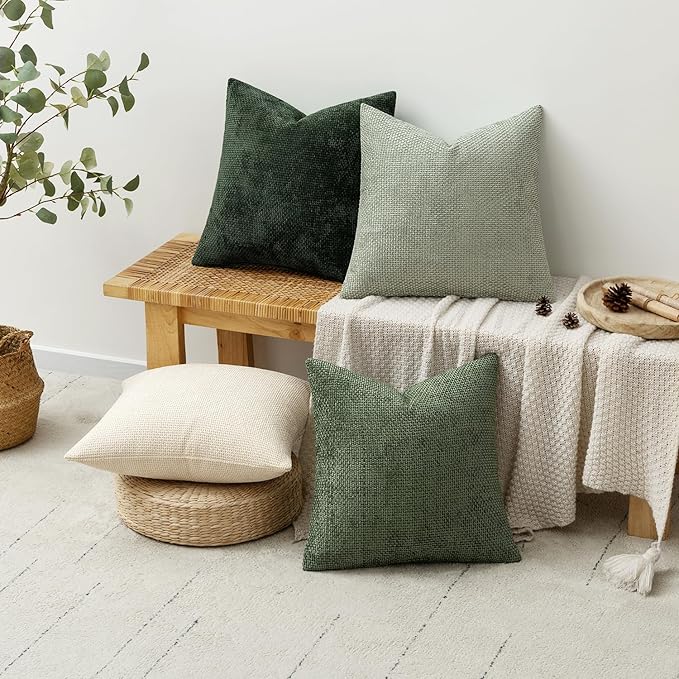 MIULEE Pack of 4 Christmas Throw Pillow Covers 20x20 Inch Neutral Green Soft Decorative Chenille Pillow Covers Farmhouse Accent Cushion Covers for Boho Home Decor Bedroom Living Room