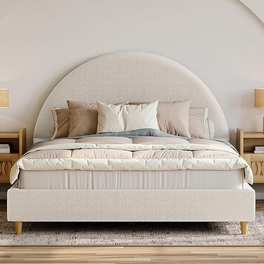 DG Casa Boucle Cloud Bed Frame with Arch Shaped Headboard, Upholstered in Soft Fabric, Platform Solid Wood Legs - Boho or Modern Style - No Box Spring Needed - Queen Size