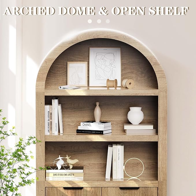 blini Arched Cabinet Bookshelf Oak Arch Bookcase with Doors, Wooden Curved Book Case 5-Tier Tall Round Top Bookshelves for Living Room