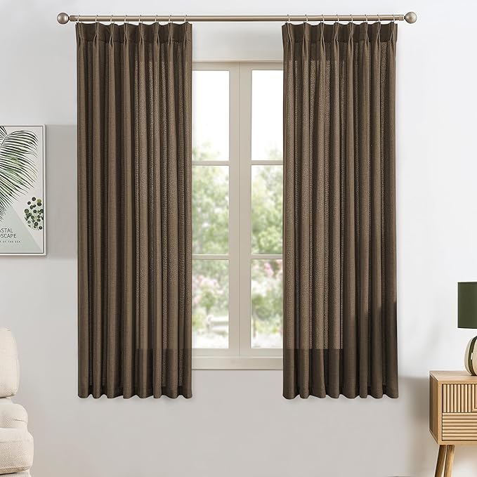 Brown Pleated Linen Curtains 45 Inches Long Farmhouse Semi Sheer Memory Trained Shape Pinch Pleat Drapes with Hooks Back Tab Ripple Fold Curtain for Bedroom Living Room 42x45