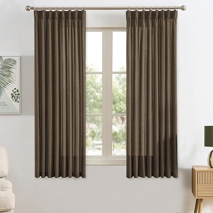 Brown Pleated Linen Curtains 63 Inches Long Farmhouse Semi Sheer Memory Trained Shape Pinch Pleat Drapes with Hooks Back Tab Ripple Fold Curtain for Bedroom Living Room 42x63