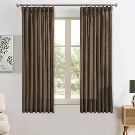 Brown Pleated Linen Curtains 63 Inches Long Farmhouse Semi Sheer Memory Trained Shape Pinch Pleat Drapes with Hooks Back Tab Ripple Fold Curtain for Bedroom Living Room 42x63
