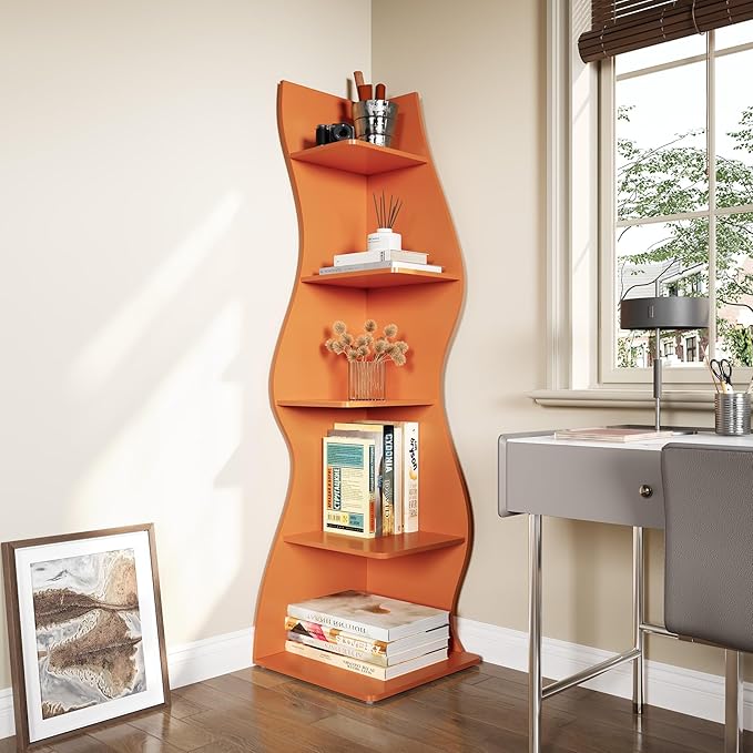 LITTLE TREE Small Corner Shelf, Modern 5-Tier Wall Corner Bookshelf, Stylish Bookcase Storage Rack for Small Space, Living Room, Bedroom, Orange, 2 Pack