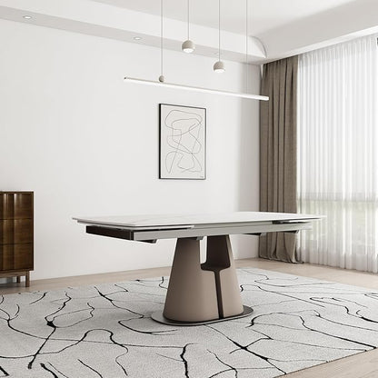 Modern Dining Table, Seats 8-10, Extendable Sintered Stone Dining Table, White Top, Saddle Leather Pedestal Table, 90 in.