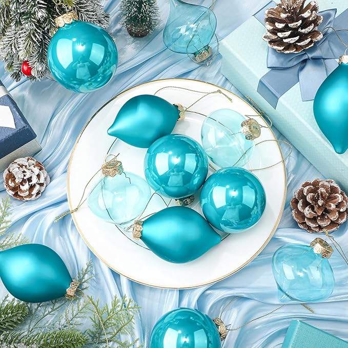 Zomiboo 12 Pcs Turquoise Green Glass Christmas Ball Ornaments Set 3.15" Hanging Shatterproof Glass Bulbs for Christmas Tree Baubles Bulk for Holiday Xmas Tree Decorations Gifts