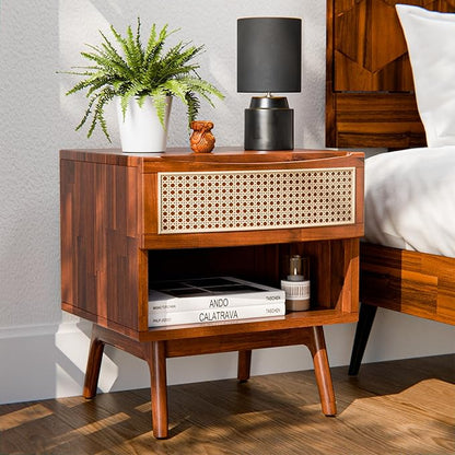 Bme Nancy Side Tables Bedroom, US Patent Pending Design, Acacia Wood Nightstand with Curved Shape and Inlaid Rattan, Nightstand with Drawers, Quick Leg Assembly, Dark Chocolate