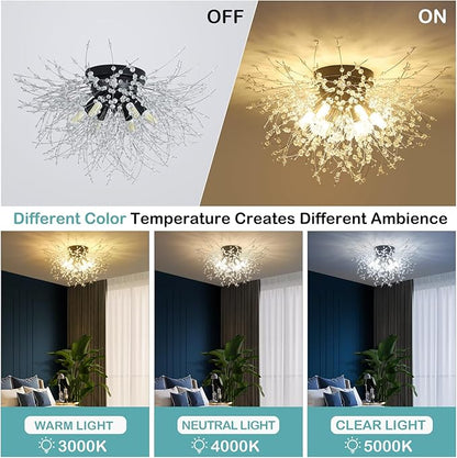 HMVPL Black Ceiling Light Fixture,6-Light Firework Sputnik Flush Mount Ceiling Light with K9 Crystal String,Modern Close to Ceiling Light for Bedroom Bathroom Hallway Kitchen Entrance Closet