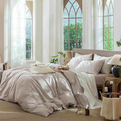 MooMee Striped Duvet Cover Set 100% Washed Cotton Linen Like Textured Breathable Durable Soft Comfy (Orange Pinstripes, Twin 68"x90")