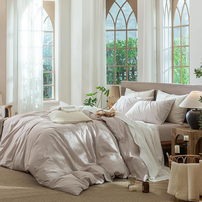 MooMee Striped Duvet Cover Set 100% Washed Cotton Linen Like Textured Breathable Durable Soft Comfy (Orange Pinstripes, King 104"x90")