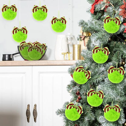 Norme 24-Pack Lime Green Furry Christmas Balls with Bow, 4" Soft Faux Fur Plush Pom Pom Ball Ornaments for Christmas Tree Hanging Decorations Party Fireplace Mantel Wall Decor(Stripe)