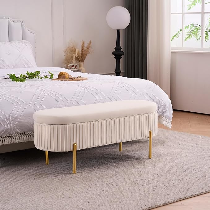 Velvet Storage Bench for Bedroom Upholstered End of Bed Bench Modern Ottoman with Gold Legs for Living Room/Window/Entryway (Ivory White, Oval-45.5" W)