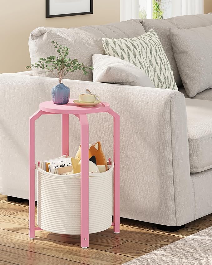 TUTOTAK Small Side Table, Round End Table, Night Stand, Bedside Table, Sofa Table with Storage Basket, Living Room, Bed Room, Pink TB01BP092