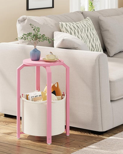 TUTOTAK Small Side Table, Round End Table, Night Stand, Bedside Table, Sofa Table with Storage Basket, Living Room, Bed Room, Pink TB01BP092