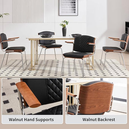 Modern Dining Chairs Set of 2 – Walnut Wood Frame with PU Leather Seat, Silver Metal Legs – Mid-Century Kitchen Chairs for Dining Room, Kitchen, Black