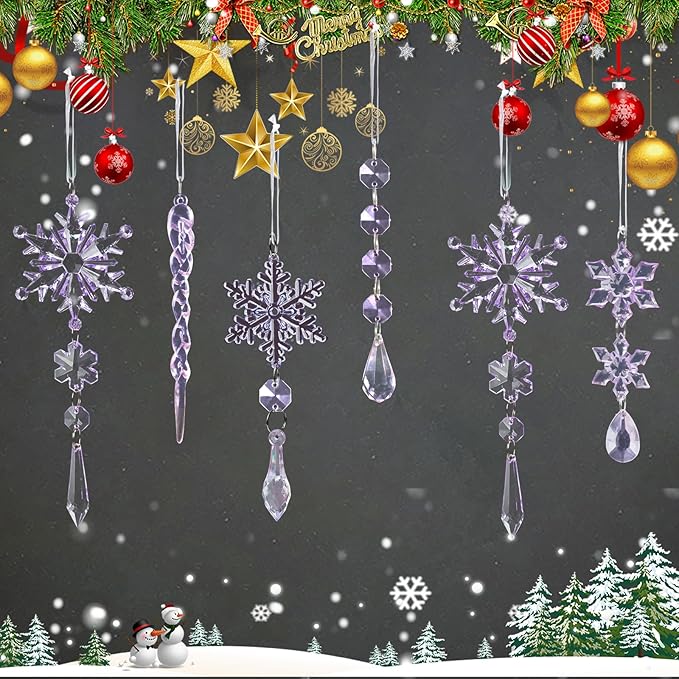 32pcs Crystal Christmas Ornaments for Christmas Tree Decorations-Purple Hanging Acrylic Snowflake and Icicle Ornaments with Drop Pendants for Xmas Winter Wonderland New Year Party Decorations Supplies