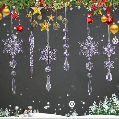 18pcs Crystal Christmas Ornaments for Christmas Tree Decorations-Purple Hanging Acrylic Snowflake and Icicle Ornaments with Drop Pendants for New Year Party Decorations Supplies