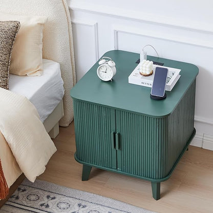 24" Vintage End Table, Nightstands Set of 2, Mid-Century Fluted End Table with Charging Station, Wood Side Table with Storage & Sliding Door for Sofa, Couch, Bed (Square, Green)