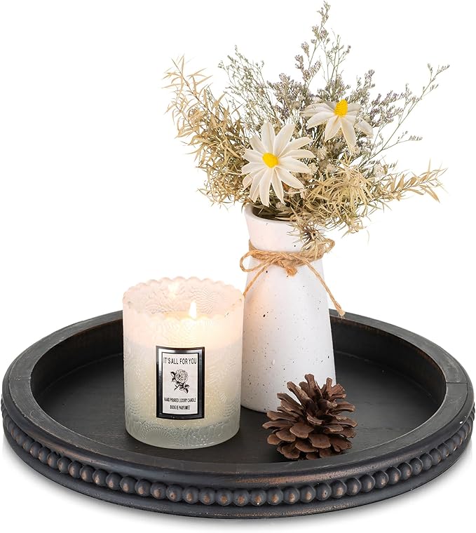 Hanobe Decorative Tray: Modern Farmhouse Beaded Round Tray Decor Rich Dark Brown Circle Wooden Ottoman Serving Platter for Centerpieces Kitchen Counter Bathroom