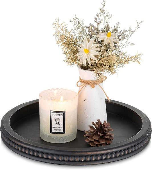 Hanobe Decorative Tray: Modern Farmhouse Beaded Round Tray Decor Rich Dark Brown Circle Wooden Ottoman Serving Platter for Centerpieces Kitchen Counter Bathroom