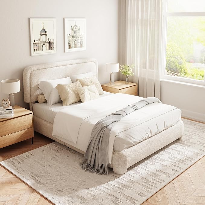 Full Size Boucle Bed Frame, Cloud Upholstered Platform Bed with Height Adjustable Headboard & Soft Rounded Corners, No Box Spring Needed, Noise Free, Easy Assembly, Beige