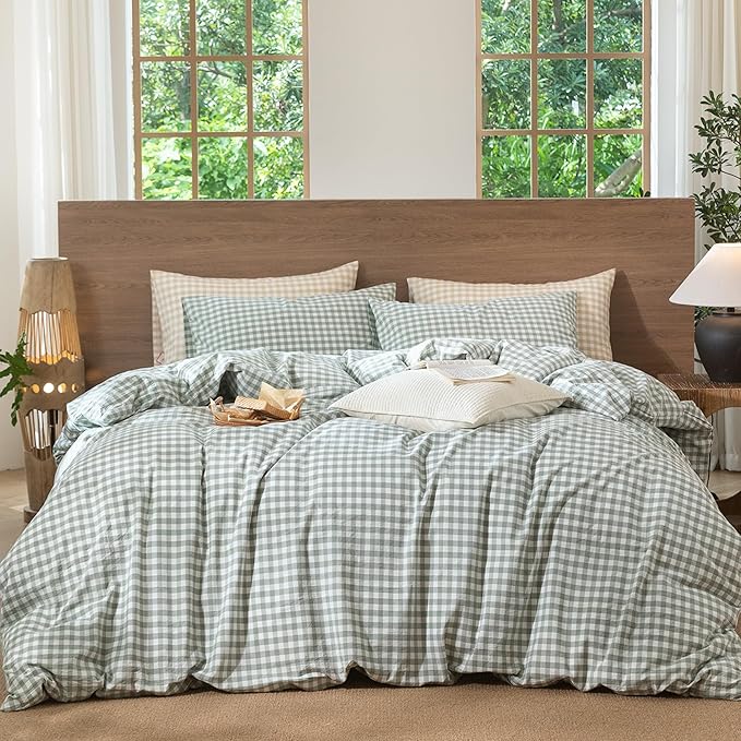 MooMee Gingham Duvet Cover Set 100% Washed Cotton Linen Like Textured Breathable Durable Soft Comfy Modern Checkered Design (Sage Green Gingham, Super Queen 90"x98")