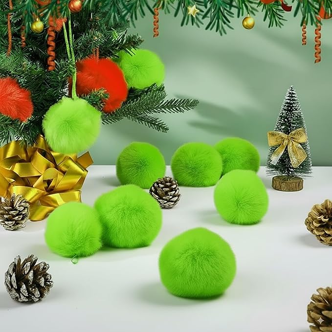 12Pcs Lime Green 2.36 Inch Furry Christmas Ornaments, Soft Fluffy Fuzzy Pom Pom Balls, Christmas Decorations Hanging Ornaments for Christmas Tree, Holiday Party, DIY Craft, and Indoor Mantel Decor