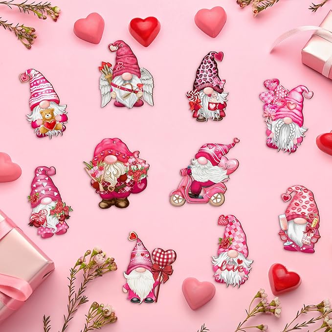 Valentine Wooden Hanging Ornaments, Wood Decor for Tree Decoration, Santa Doll Craft, Gnome Elf Party Supplies (Valentine-Gnomes-A)