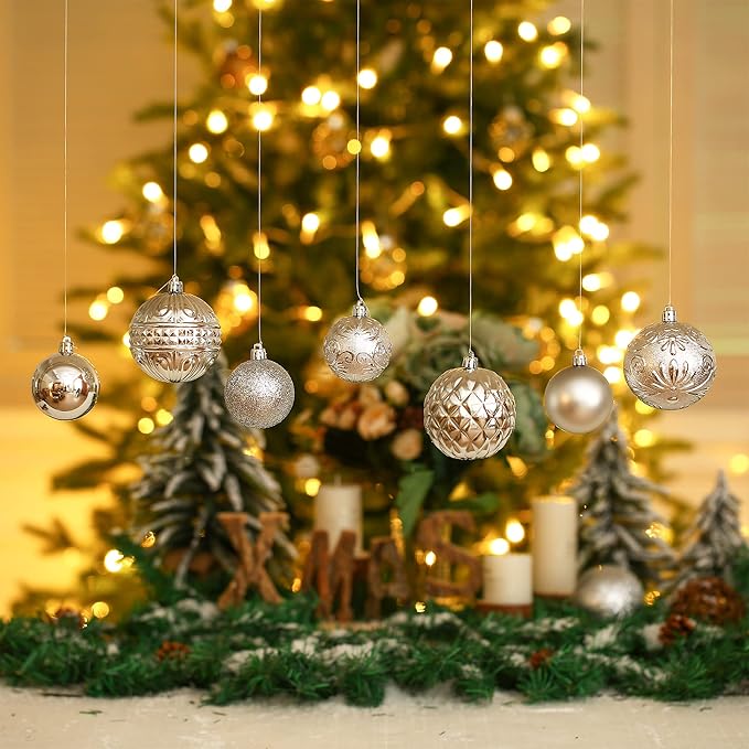 Christmas Ball Ornaments Silver Christmas Tree Decorations with Hang Rope-36pcs Shatterproof Christmas Ornaments Set with 6 Styles in 3 Sizes(Small Medium Large)