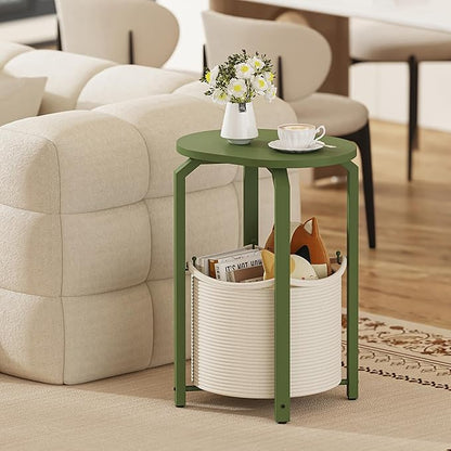 TUTOTAK Small Side Table, Oval End Table, Night Stand, Bedside Table, Sofa Table with Storage Basket, Living Room, Bed Room, Olive Green TB01BOG093