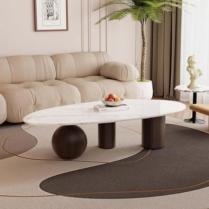 Small Oval Coffee Table, Mid Century Vintage Coffee Table for Living Room White Center Minimalist End Table with Marble Top and Wooden Finished Metal Base